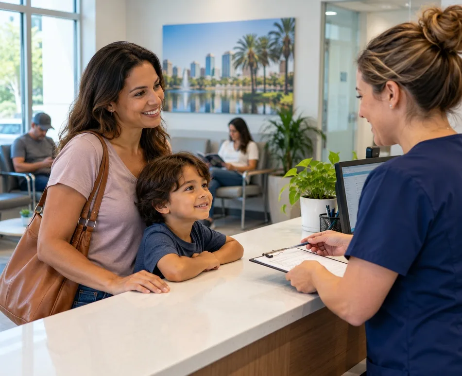 Mother and child checking in for quick care at an Orlando walk-in clinic without an appointment.