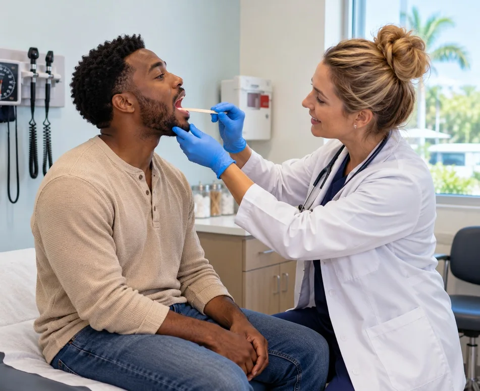 Walk-in doctor examining a patient's sore throat during an everyday illness visit in Orlando.