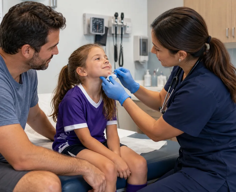 Clinician examining a young girl's chin injury at a walk-in clinic in Orlando while her father stays by her side.